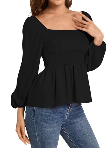 Umenlele Women's Long Sleeve Square Neck Shirred Ruched Ruffle Peplum Blouse Shirt Tops3