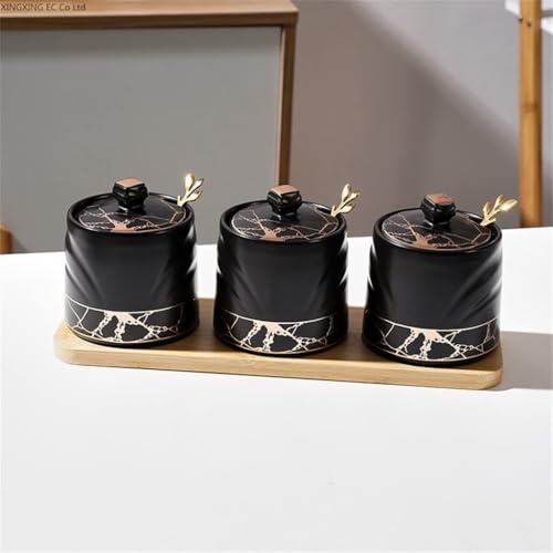 Ceramic Storage Jar with Lid – Seasoning Box Salt Shaker Wooden Tray Kitchen Supplies Organizer Stylish Spice Container for Home Use