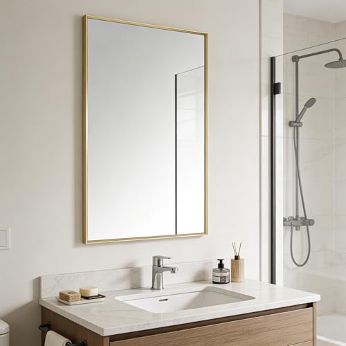 Image of Bathroom Mirror for Wall, 30x20 Inch Framed Vanity Mirror Brushed Gold
