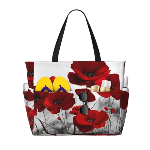 Sac de plage pavot rouge : grand sac à bandoulière pour femme