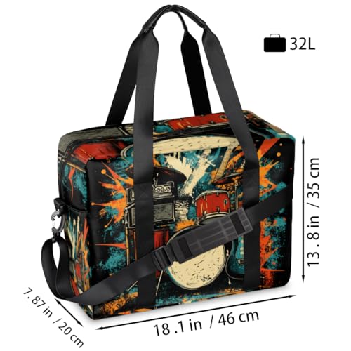 Watercolor Drum Travel Duffel Bag for Men Women Blue Orange Sports Gym Bag Waterproof Weekender Overnight Bags Foldable Carry on Backpack for Swim Yoga Fitness Workout2