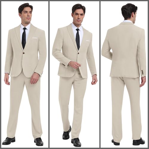 Linen Men Suit Set Casual Tuxedo 2 Piece Regular Fit Blazer One Button Solid Jacket and Pants for Prom Wedding Party2