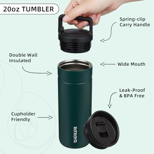 Image of BJPKPK 20 oz Insulated Travel Water Bottle, Coffee Tumbler Stainless Steel | Double Wall Vacuum, Leakproof, Thermal, Keeps Hot /Cold, Dishwasher Safe, Spill Proof, Wide Mouth, 2 Lids, Dark Green