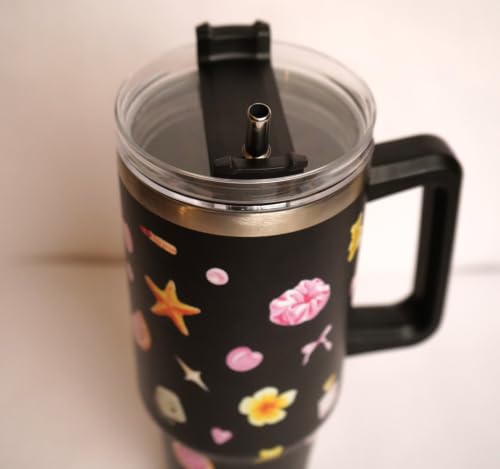 Image of 1200ML Stainless Steel Tumbler Hot and Cold with Handle and Lid and 2 Straws, Double Insulated Cup Leak Proof Mug Cupholder for Gym, Travelling (Doodles Black)