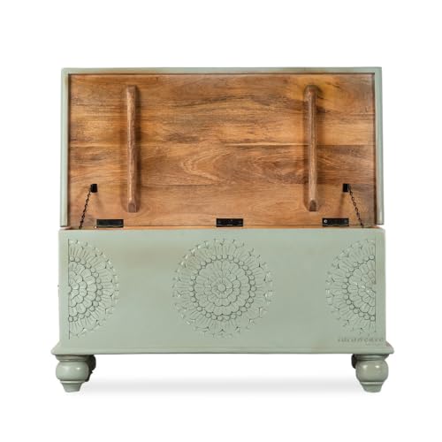 Image of Rafi Wooden Trunk Box for Storage | Solid Wood Coffee Table for Living Room | Center Coffee Table with Storage | Front Wooden Carved Sandook Pitara for Home Decor & Bedroom (Green Ela)