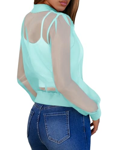 Fisoew Women's Crop Mesh Sheer Bomber Jackets Lightweight Long Sleeve Zip Up Jacket Outwear