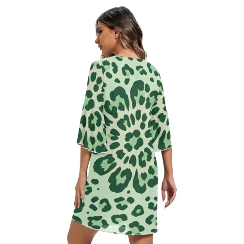 Vestido de gasa transpirable para evitar el calor con manga acampanada leopardo verde 2