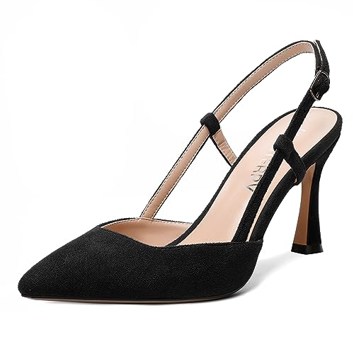 SKYSTERRY Womens Dress Suede Buckle Pointed Toe Slingback Dating Spool High Heel Pumps Shoes 3.3 Inch