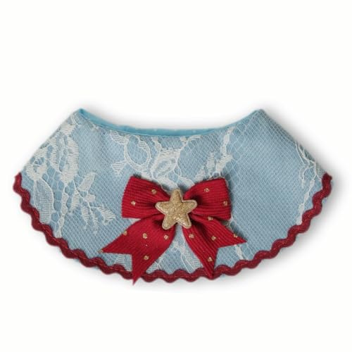 【手作り】ペット用デニムスカーフ 猫・小型犬用 バンダナ風おしゃれ首輪 リボン付き アクセサリー 個性派ファッション (laceblue, XL)