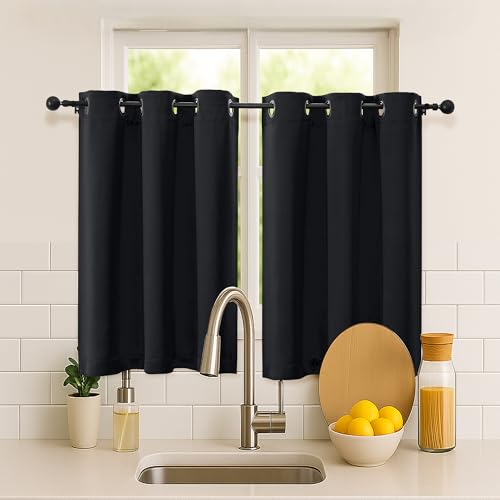 Image of Simplebrand Halloween Black Short Cafe Curtains 36 Inch Length 2 Panels Set, Half Window Grommet Privacy Drape Tiers for Kitchen, Thermal Insulated Curtains Blackout for Bathroom Shades, W40 x L36