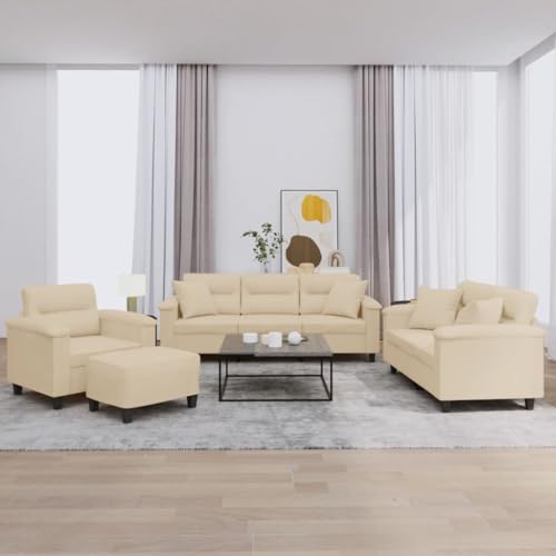 vidaXL Sofagarnitur 4-TLG., Sessel Couch mit Kissen Fußhocker, Sofa Wohnzimmersofa mit Armlehnen, Couchgarnitur Designsofa Sitzmöbel Polstermöbel, Creme Mikrofasergewebe – Bild 3