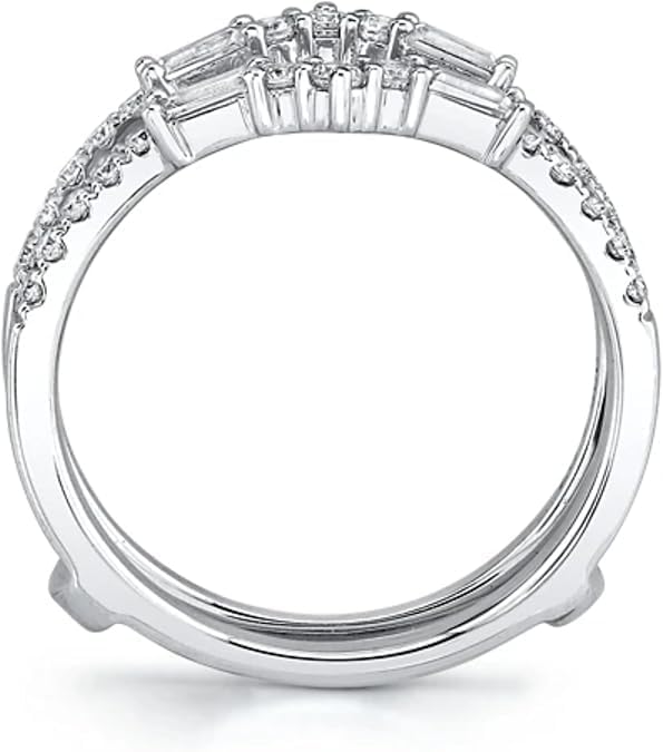 Baguette & Round Created Diamond Crown Ring Guard in Solid 925 Sterling Silver, Sparkling Pointed Nesting Enhancer Wedding Band, Curved Tiara Wrap for Round & Emerald Cut Solitaire Rings