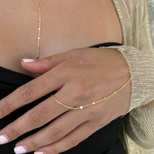 Image of Long tiantian Hand Chain Bracelet Gold Link Finger Ring Slave Bracelet