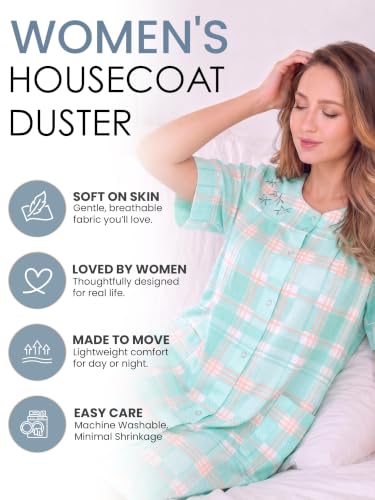 Image of Casual Nights Women's Snap - Front House Dress Short Sleeve Woven Housecoat Duster Lounger Robe with Pockets