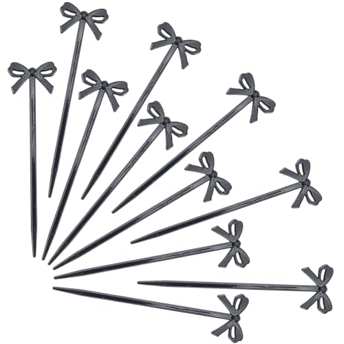 CREATCABIN 50 palillo de Cóctel con Lazo Negro Palillos de Dientes Elegantes Palitos de Cóctel Brochetas de Plástico Adornos para Cupcakes Lazos Decorativos para Aperitivos Postres Sándwiches 10.2cm