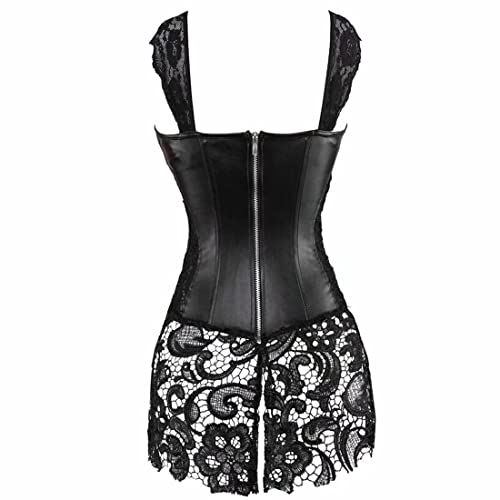 Faux Leather Corset Bustier Dress Lace Straps Basque Women's Punk Rock Buckle-Up With G-String Black L #TOP2