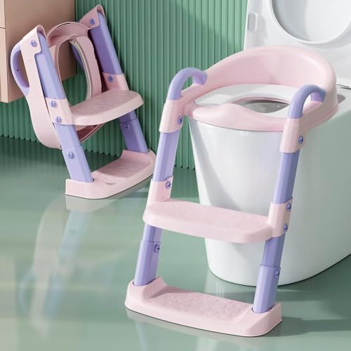 Image of Potty Training Seat Toilet Seat for Toddler Potty Chair with Step Stool Ladder Collapsible Anti-Slip Foldable Toilet Training Seat with Adjustable Step Stool for Kids Boys and Girls Pink