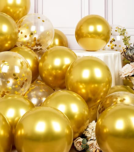 Image of SUWEN Metallic Gold and Confetti Balloons Set 47PCS Latex Helium Chrome | Gold Balloon for Birthday Graduation Anniversary Party Decorations