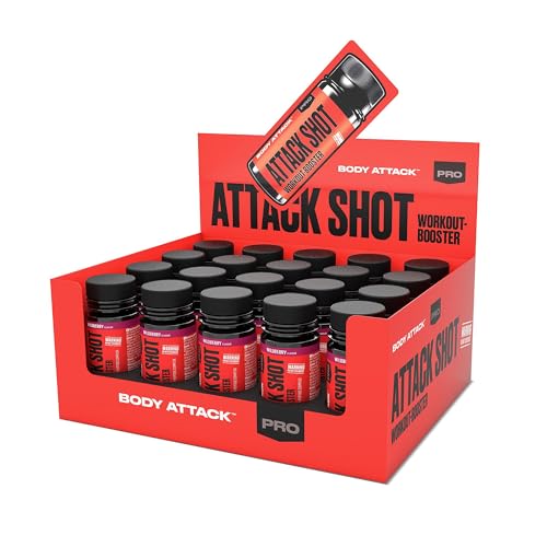 Body Attack Pre Workout Booster Shot Wildberry - 20 x 60 ml - Attack Shot mit Koffein, Taurin, Beta-Alanin, L-Tyrosin & L-Citrullin - Energy Drink to go für intensive Workouts
