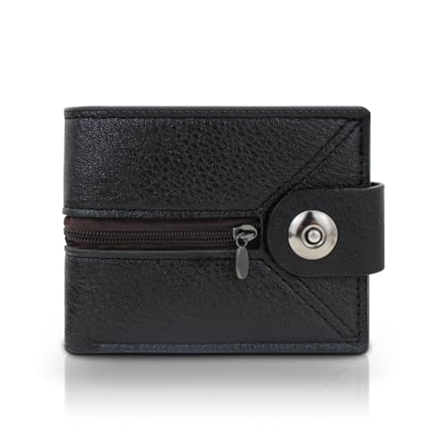 Men's Wallet, Bifold Wallets for Men with 4 Card Slots, Zippered Coin Pocket and 1 ID Card Window, PU Leather Wallets for Men with Zippered Cash Slot (Black)