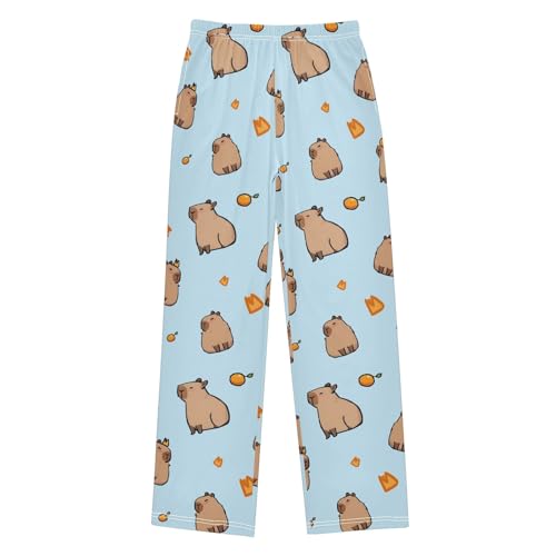 Lovely Simple Capybara Blue Pajama Pants Lounge Sleep Pants Elastic Waist Long Pajama Bottoms with Pockets for 6-14 Years
