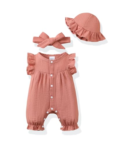 Renotemy Baby Girl Newborn Clothes Infant Summer Outfits Bubble Romper Cotton Linen Dusty Pink Sleeveless Bodysuit Jumpsuit with Hat&Headband Baby Shower Gifts Coming Home Outfit for 0-3 Months Girls