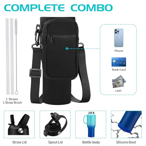 Image of 40 oz Insulated Water-Bottle that fits in Cup Holder - Cold 48h /Hot 24h, Stainless Steel Tumblers with Lids and Straws & Bottle Sleeve, Leak Proof Metal Flask Cup, Travel Coffee Tumbler with Handle