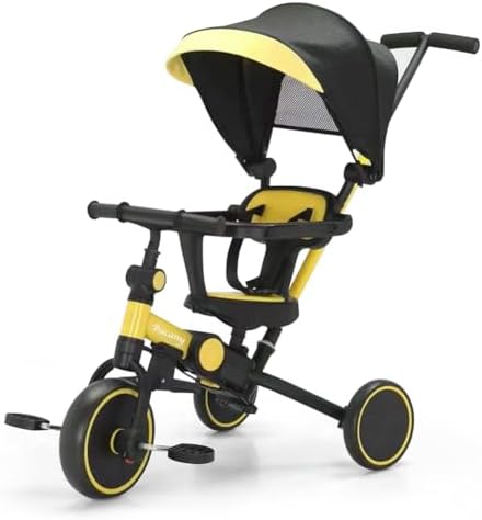 （07:00時点） Bacany 子供用三輪車 7in1 三輪車 ステップ付き 折りたたみ 手押し棒 おしゃれ 1歳-6歳 ランニングバイク コンパクト 自転車 おもちゃ 乗用玩具 幼児用 キッズバイク プレゼント おもちゃ 調整可能 お祝い ギフト シートベルト付き (イエロー)