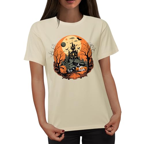 Women's Halloween Shirt: Crewneck Art Patterns Short Sleeve Halloween Party T-Shirt