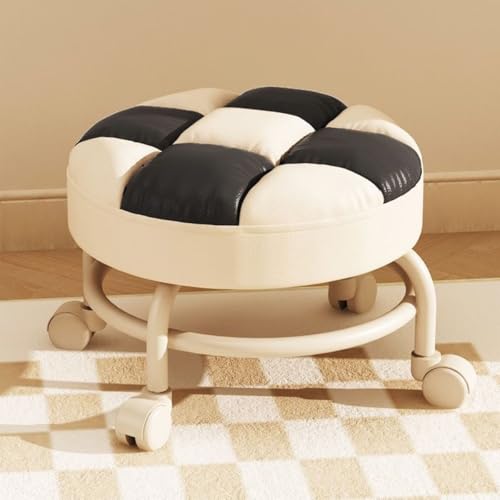 Taburete rodante con asiento de rodillo ancho para el hogar, jardín, piel sintética suave, taburete redondo bajo con ruedas, para oficina, garaje, tienda, fitness, deporte
