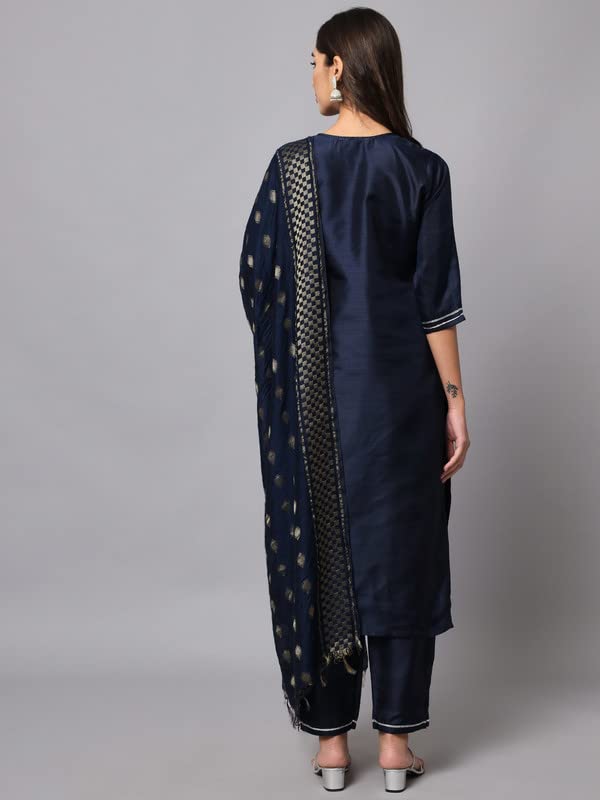 Image of VredeVogel Women's Cotton Silk Blend Embroidered Viscose Print Kurta Pant With Dupatta Set