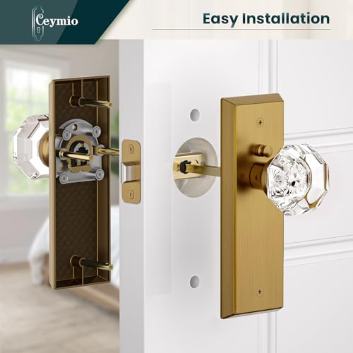 Image of Glass Door Knobs for Interior Doors - Vintage Crystal Privacy Bedroom & Bathroom Door Knob with Lock - Diamond Cut Door Handle - Antique Brass Finish (1 Pack 7 Inch Height)