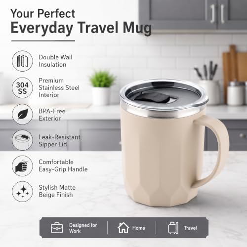 Image of MAGIC SPOON Stainless Steel Travel Coffee Mug with Sipper Lid & Handle, Insulated Tea Cup, BPA-Free Double Wall Tumbler for Hot-Cold Beverages, Office, Home, Car- BEIGE-BROWN, (Combo Pack (400ml X 2))