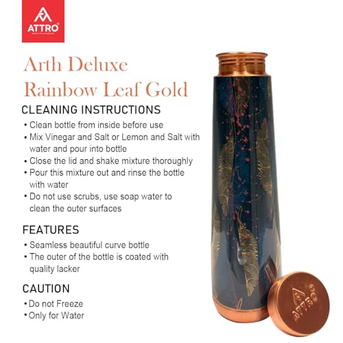 Image of ATTRO Arth Deluxe Copper Bottle Design Boosts Immunity Leakproof & Lightweight |Anti-Bacterial, BPA Free with Secure Cap for School, Travel, Gym & Work 900ml Rainbow Leaf Gold