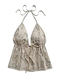 SHENHE Women's Y2k Sequin Halter Top Embroidered Front Tie Backless Ruffle Going Out Boho Tank Khaki Medium
