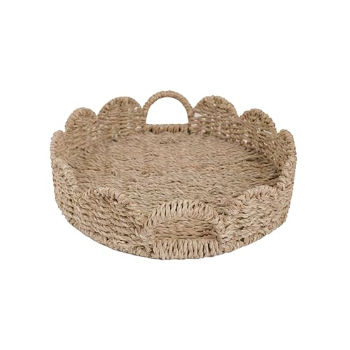 GYASVWU Seagrass Scalloped Tray with Handles,Round Rattan Serving Trays for Coffee Table,Woven Tray for Ottoman Decorative and Organizer Trays (Seagrass)