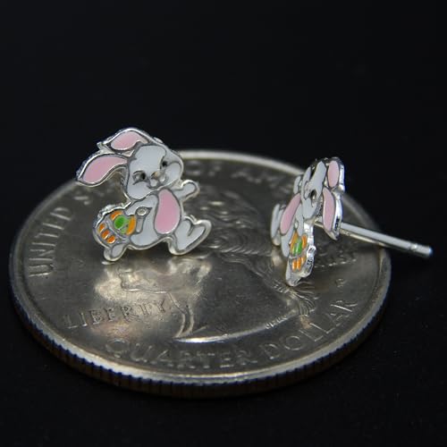 925 Sterling Silver Easter pink white Bunny Rabbit Small Stud Earrings 282422