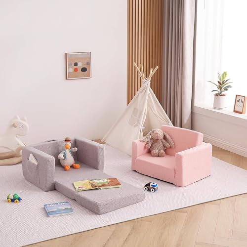 كنبة اطفال 2 في 1 من هومودوسكي، كرسي اريكة للاطفال قابل للتحويل الى كرسي استرخاء، كرسي قابل للطي بمسند ذراع للاطفال البنات والاولاد (رمادي)