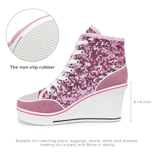 Jiu du Women's Glitter Sneakers Platform Wedge Sneaker Sparkly Sequin High Top Lace Up Sneakers Bling Wedding Dressy Tennis Shoes3