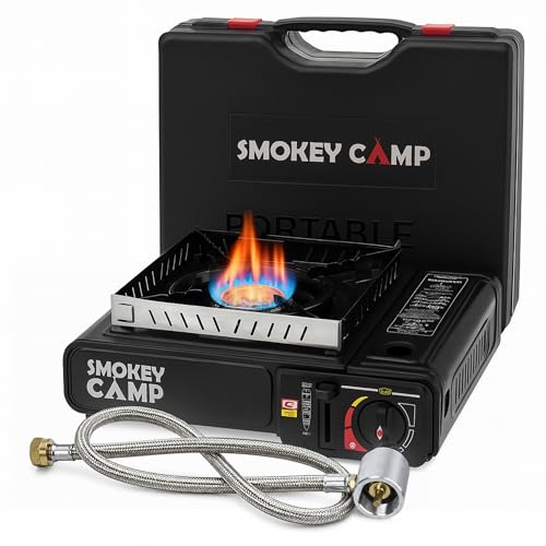 Portable Camping Stove 3000W Dual Fuel Butane & Propane Gas Stove Automatic Ignition Adjustable Flame Control Compact Backpacking Stove for Camping & Outdoor Cooking (with Adapter Pipe)