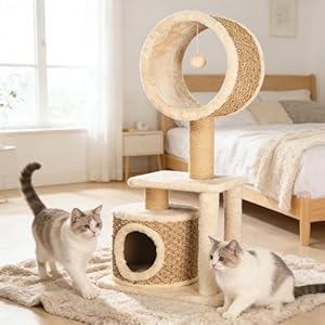 Kratzbaum für Katzen, 95 cm Katzenbaum mit Handgewebter Seegrasseil-Rundröhre & Versteckhöhle, Kletterbaum mit Sisalpappel-Kratzsäulen, Stabiler Katzenaktivitätsbaum für Innenräume