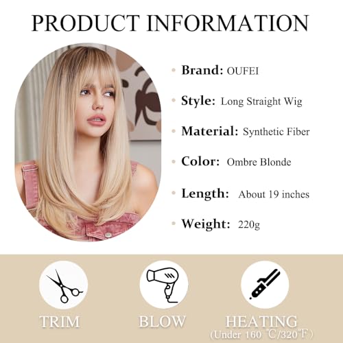 OUFEI Ombre Blonde Wigs for Women - Long Wig with Bangs, Straight Synthetic Hair, Heat Resistant for Daily Party Cosplay Wear - Image 2