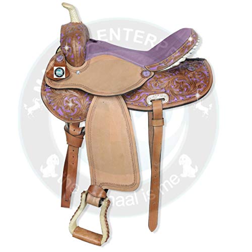 Manaal Enterprises Pony & Adult Classic Quality Premium Leather Comfort Western Barrel Racing Trail Equestrian Horse Saddle, Headstall, Breast Collar & Reins,Size 10 To 18 (15" Inches Seat, Purple) #TOP7