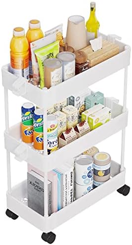 JIUYOTREE 3-Tier Storage Trolley,Utility Cart Standing Shelf Unit Organizer for Kitchen Bathroom Laundry Room and Narrow Places,Black