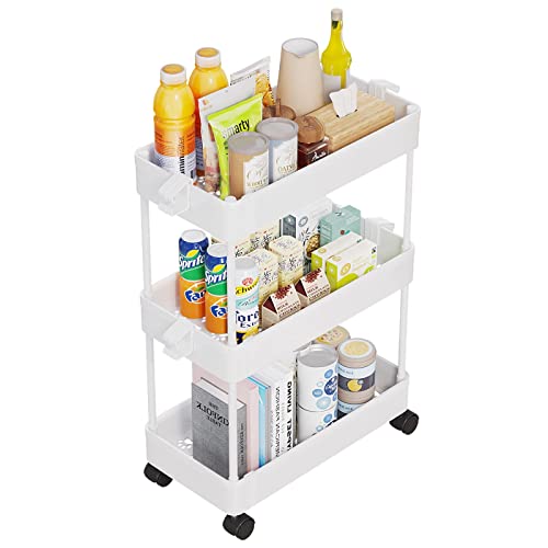 JIUYOTREE 3 Etagen küchenwagen auf Rollen rollwagen schmal mit Haken servierwagen für Küche, Badezimmer, Waschküche und Enge Orte, Weiß thumbnail