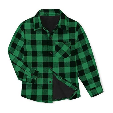 Phorecys Boys Girls Plaid Fleece Lined Shirt,Toddler & Big Kids Long Sleeve Button Down Chirstmas Warm Top 1 Green 170cm-11/12 Years Cover