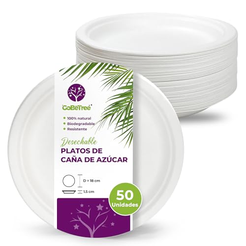 GoBeTree 50 Platos Desechables de Caña de azúcar Redondos de 18 cm. Ecológicos, Biodegradables y Resistentes para Picnics, Barbacoas, Fiestas y Cumpleaños