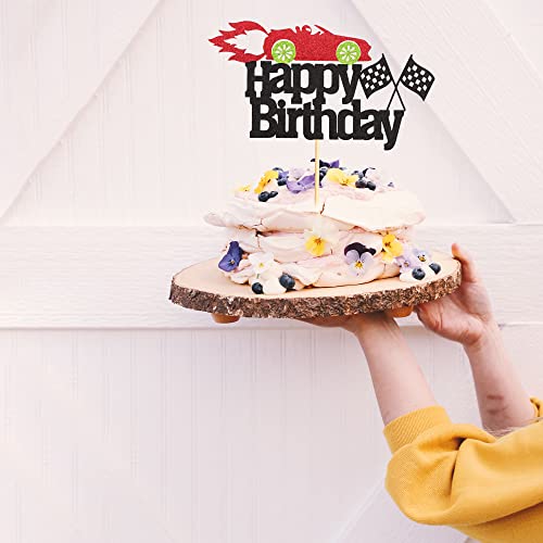 Arthsdite Car Cake Topper Race Car Cake Decorations For Racing Car Checkered Flag-Black Glitter Race Car Cake Topper Happy Birthday Theme Cake Decor #TOP3