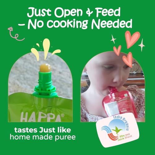 Image of Happa Organic Baby Food Apple Mango and Multigrain Puree | 100% Fruits | No Added Sugar, No Milk Powder, No Preservatives | Stage 3 (8 Months+) | Ready to Eat | Free from Common Allergens | Pack of 9 (100g Each)