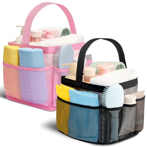Shower Caddy Portable for College Dorm Room Essentials for Girls with 9 Pockets,Large-Capacity Shower Basket,Quick Dry Toiletry Tote Bag,Outdoor Gym,Travel,Swim,Beach Camping Essentials-Black and Pink